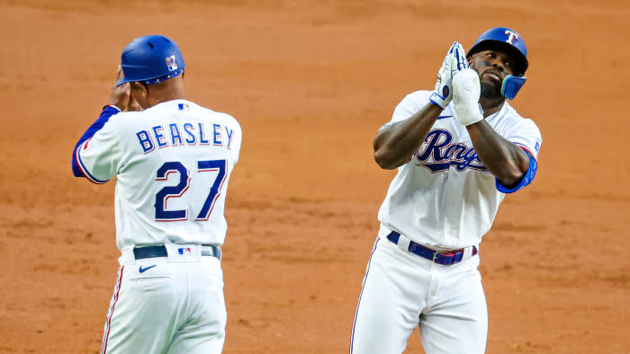 Apr 26, 2022; Arlington, Texas, USA; Texas Rangers center fielder Adolis Garcia (53) rounds the bases after hitting a home run during the second inning against the Houston Astros at Globe Life Field. Mandatory Credit: Kevin Jairaj-USA TODAY Sports